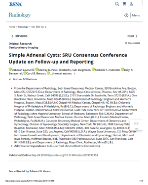 2020 conference on update of asymptomatic ovarian and adnexal cysts seen on ultrasound, led by Deborah Levine. Click here to read the consensus statement.